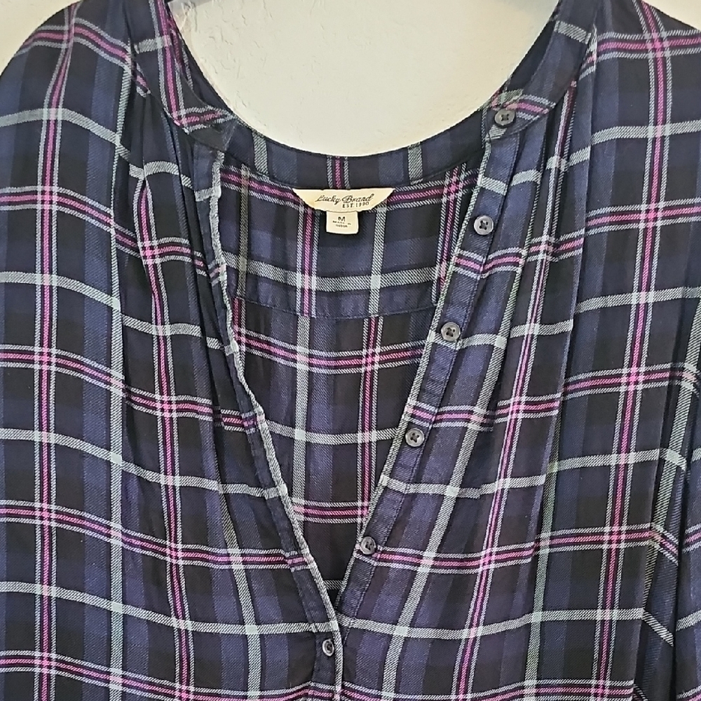 Lucky Brand Girlfriend Plaid Shirt Long Sleeve Popover Tunic Womens Medium - Picture 4 of 9